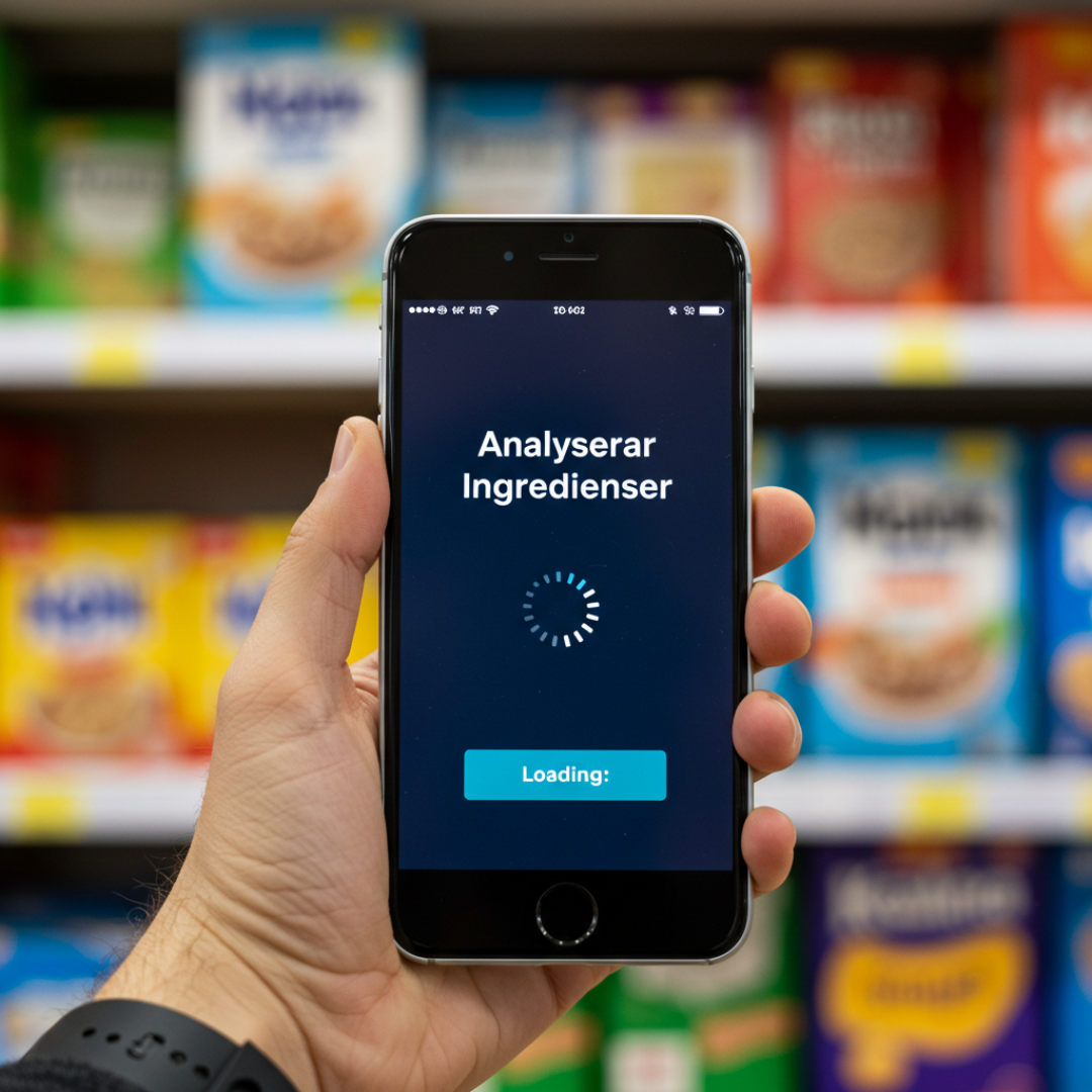 Hand håller mobil som analyserar ingredienser i butik