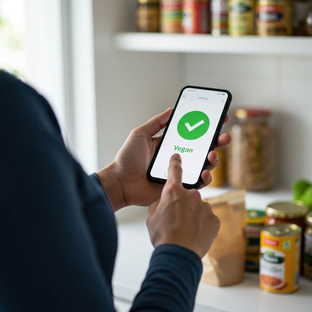 Person ser positivt vegan-resultat i appen i köksmiljö